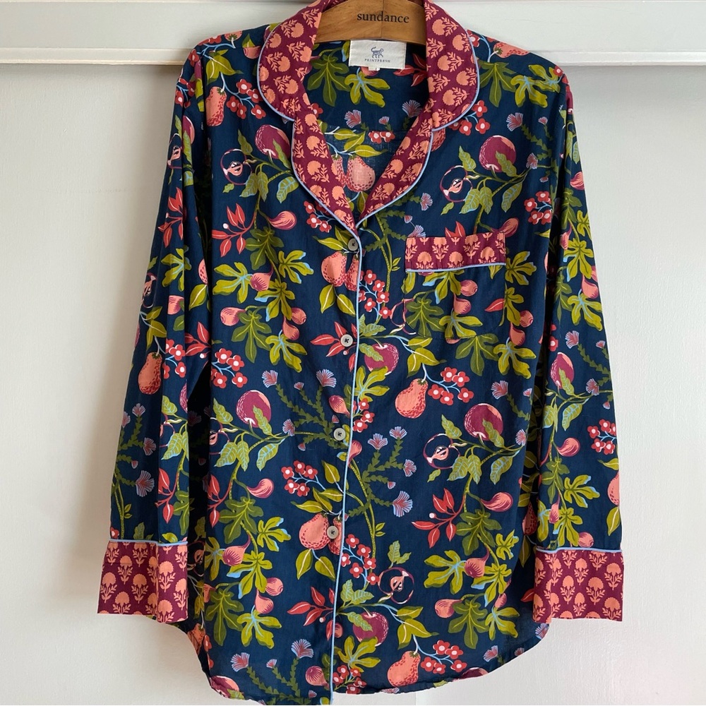 Printfresh Pomme & Poire Button Down Long Sleeve Pajama Top Size M Tall Blue